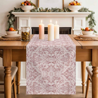 Pink Baroque Cotton Linen Table Runner for Dining Kitchen, Farmhouse Scroll Floral Damask Patterned Wedding Outdoor Party Tablerunners Decoration, Dresser Scarf Coffee Tablecloth Runners 13x72 Inches