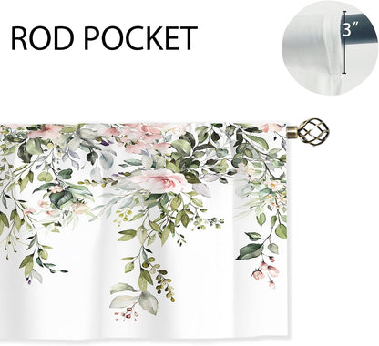 Pink Rose Valances Kitchen Curtains Flower Eucalyptus Botanical Leaves Window Drapes Floral Plants Bedroom Bathroom Living Room Treatment Tier 1 Panel 52Wx18H Inch