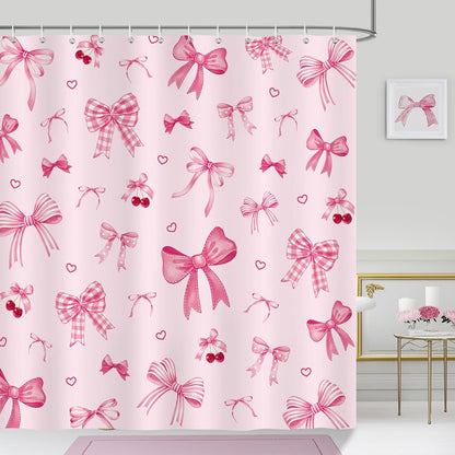Bonhause Pink Bow Shower Curtain, Cute Cherry Heart Girly Coquette Bathroom Decor 72 x 72 Inch Polyester Fabric Waterproof Bath Curtain with 12 Hooks
