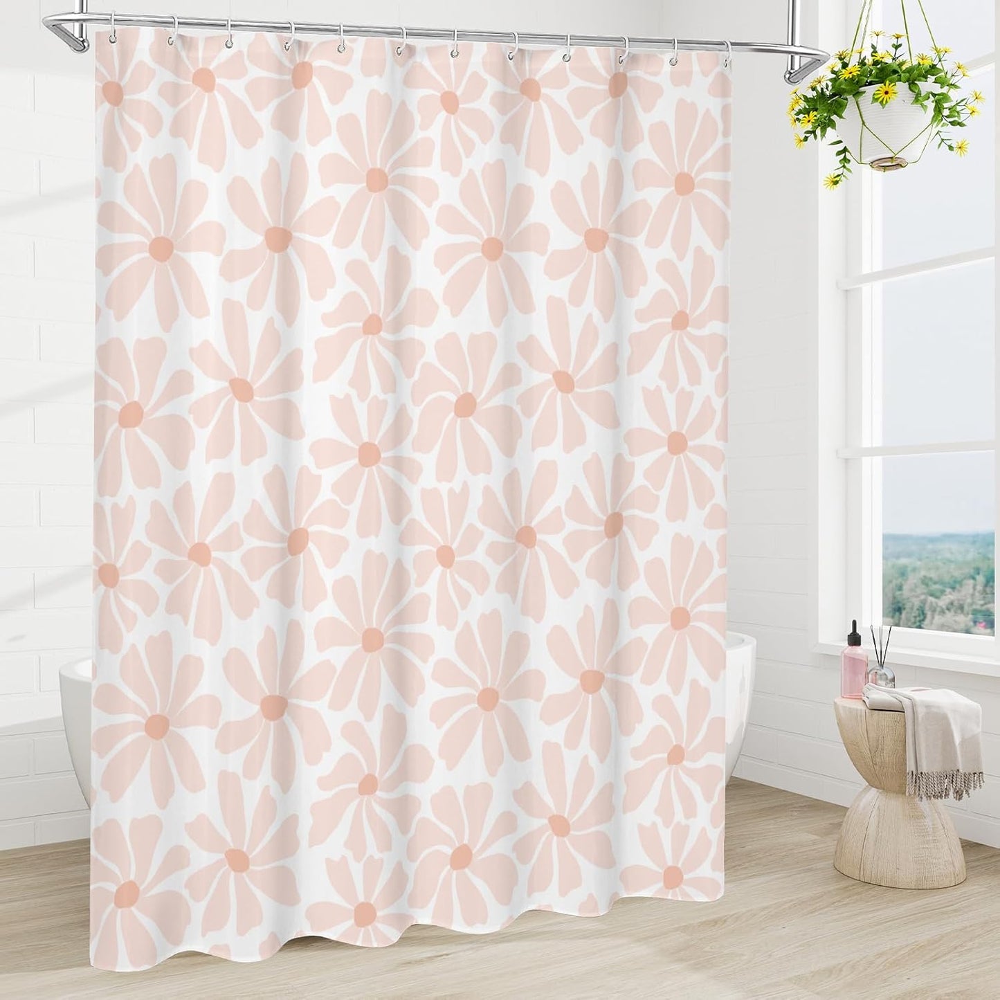 Litabel Blush Pink Daisy Floral Shower Curtain, Boho Spring Flower Shower Curtain for Girly Bathroom, Modern Minimalist White Waterproof Fabric Shower Curtain Set, 72x72 Inch