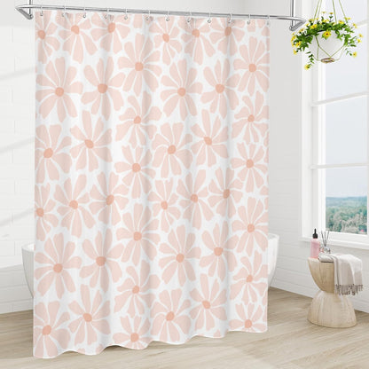 Litabel Blush Pink Daisy Floral Shower Curtain, Boho Spring Flower Shower Curtain for Girly Bathroom, Modern Minimalist White Waterproof Fabric Shower Curtain Set, 72x72 Inch