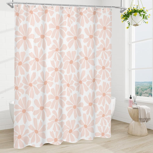 Litabel Blush Pink Daisy Floral Shower Curtain, Boho Spring Flower Shower Curtain for Girly Bathroom, Modern Minimalist White Waterproof Fabric Shower Curtain Set, 72x72 Inch