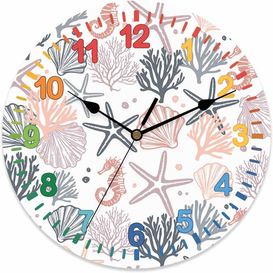 LooPoP Wall Clock Pink Starfish Clocks PVC Silent Non-Ticking Battery Operated Colorful Teaching Shell Coral Marine Life Round Clock for Kids Room Living Room Bedroom Office School Wall Decor 12 Inch