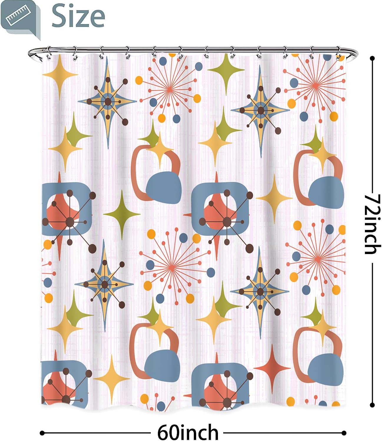 Mid Century Shower Curtain, 60x72inch, Modern Abstract Retro Pink Striped Geometric Shower Curtain Sets 1950s Boho Bathroom Shower Curtain with 10 Hooks