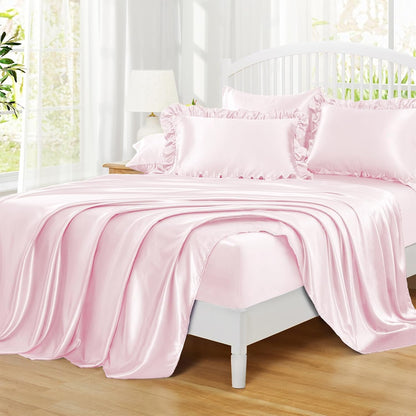 Homiest Ruffled Satin Sheets Queen Size 6pc Set - Blush Pink Bed Sheet Set with 15 Inch Deep Pocket Fitted Sheet, 1 Flat Sheet, 2 Ruffled Pillow Shams & 2 Pillowcases, Similar to Silk Sheets