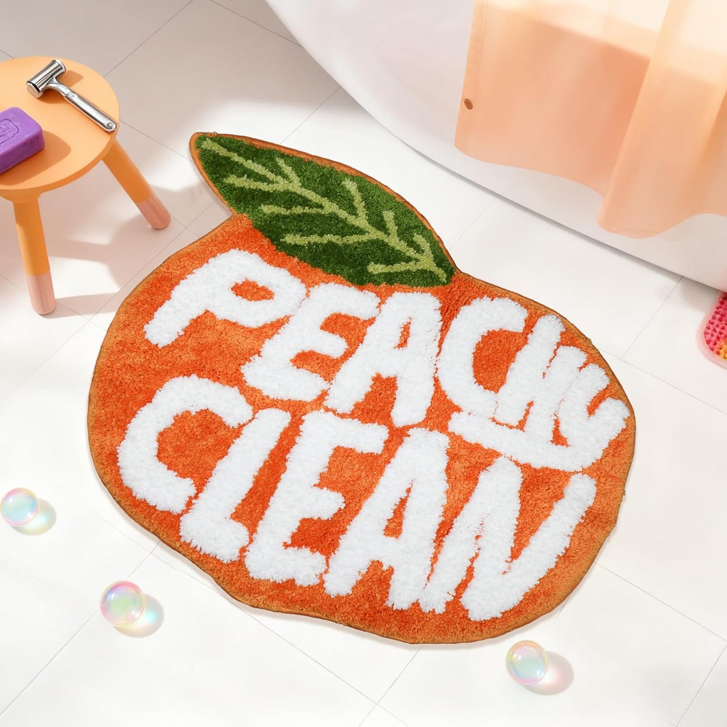 Peach Clean Bathroom Rugs, Cute Bath Mat Decor Door Mat, Soft & Absorbent Plush Coral Fabric Non-Slip Bathtub Rug Washable 24.8" x 21.6"