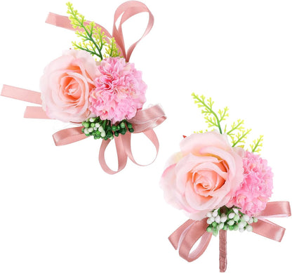 Pink Corsage and Boutonniere Set, Artificial Corsage Wristlet and Boutonniere for Wedding Christmas Flowers Accessories (2PCS)