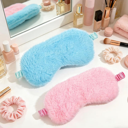 2 Pcs Plush Fluffy Eye Mask, Soft Sleeping Blindfold Eye Cover Comfortable Satin Back Faux Fur Nap Eyes Cover Cute Fluffy Furry Sleeping Blindfold for Men Women Gift (Pink, Blue)