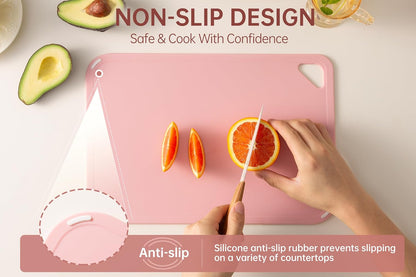 THETCHRY Plastic Cutting Board Set, Pink Cutting Board with Non-slip, Cutting Board for Kitchen Set of 3, Dishwasher Safe, BPA Free, Reversible, with Grip Handle, Pink