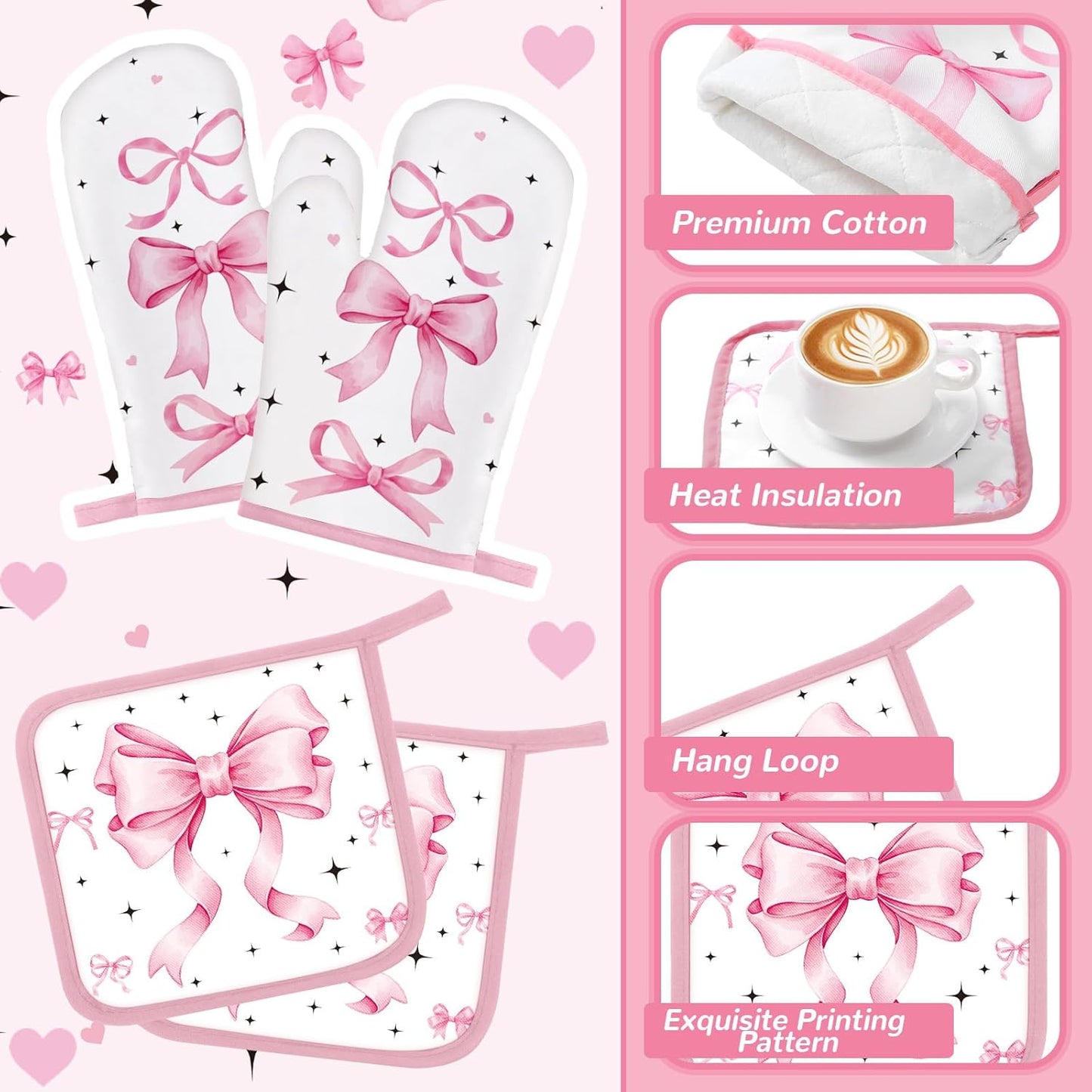 Fourluoo 10 Pcs Pink Bow Kitchen Decor Sets 4 Pink Plaid Kitchen Dish Towels 2 Pot Holders 2 Oven Mitts Glove 2 Cute Non Slip Rugs and Mats for Floor Home Decorations Accessories Mom Gifts