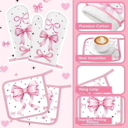 Fourluoo 10 Pcs Pink Bow Kitchen Decor Sets 4 Pink Plaid Kitchen Dish Towels 2 Pot Holders 2 Oven Mitts Glove 2 Cute Non Slip Rugs and Mats for Floor Home Decorations Accessories Mom Gifts