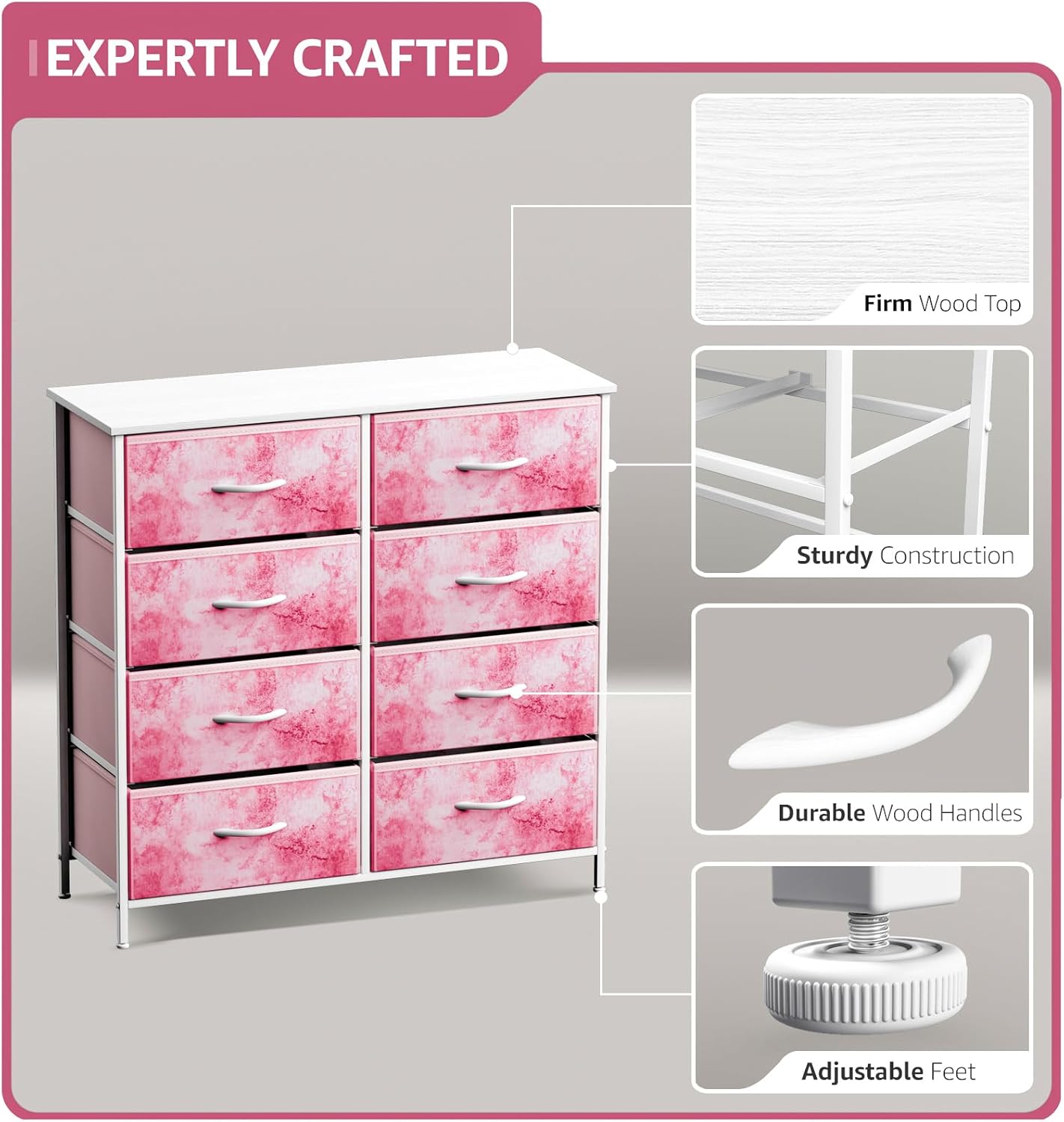 Sorbus Dresser with 8 Drawers - Furniture Storage Chest Tower Unit for Bedroom, Hallway, Closet, Office Organization - Steel Frame, Wood Top, Easy Pull Fabric Bins (8-Drawer, Pink)