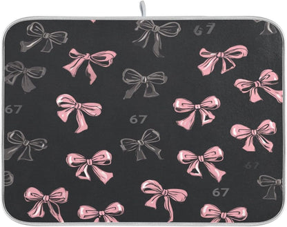 Boccsty Bows 67 Light Pink Dark Grey Dish Drying Mat for Counter Drying Kitchen Mats Coffee Bar Mats for Countertops Dishes Utensils Sinks 18 x 24 IN
