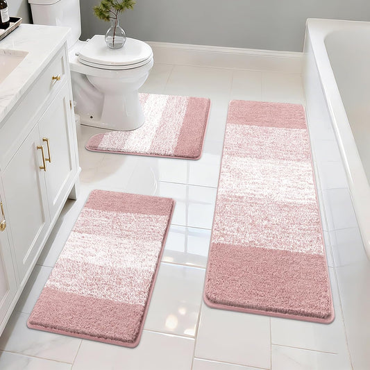 Pauwer Bathroom Rugs Set 3 Piece Non Slip Washable, Microfiber Absorbent Bath Mat Floor Carpet Extra Soft, Quick Dry Shower Rug U-Shaped Contour Toilet Mats, Dusty Pink