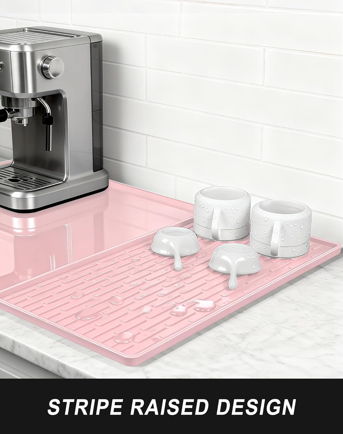 Rnivvi Silicone Coffee Mat, 12" x 19" Waterproof & Easy Clean Raised Edge Coffee Bar Mats for Espresso Machine Station Accessories, Heat Resistant Non-Slip Dish Drying Pad for Kitchen Counter, Pink