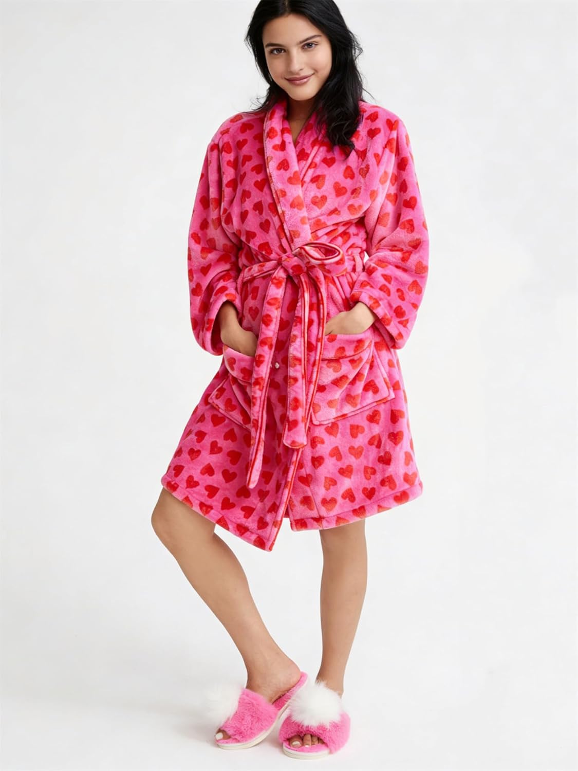 Christmas Fuzzy Fleece Robes for Women Cozy Plush Bathrobe Shawl Collar Warm Winter Short Robes with Belt Pockets