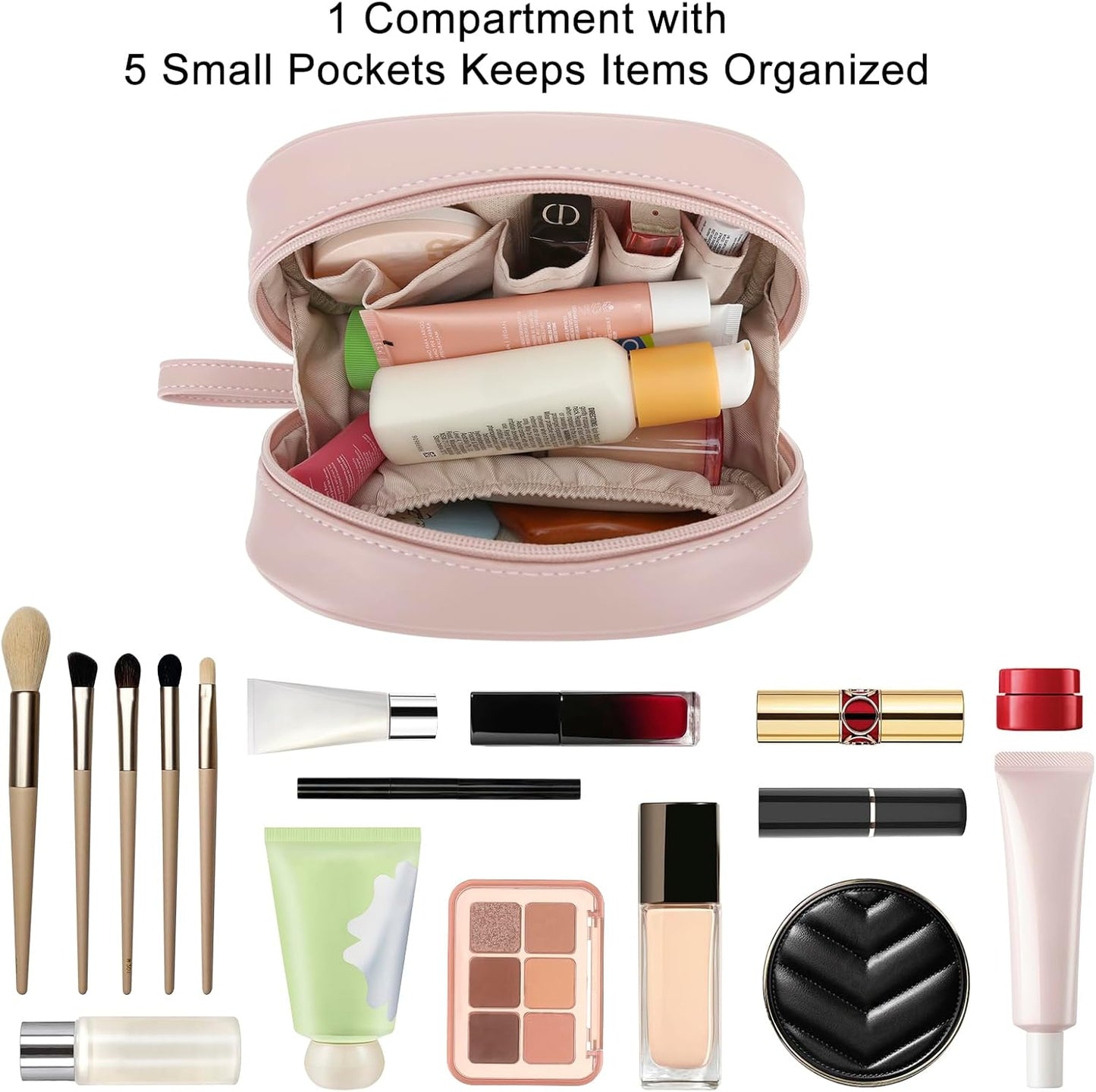 E-Tree PU Leather Makeup Bag for Women – Double Zipper Travel Cosmetic Bag Organizer, Waterproof Small Toiletry Pouch for Girls, Skincare & Accessories, Cute Pink Makeup Case with Wrist Strap