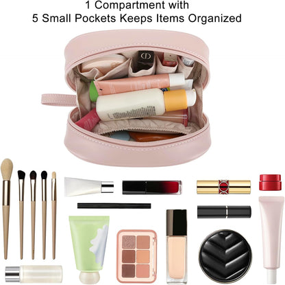 E-Tree PU Leather Makeup Bag for Women – Double Zipper Travel Cosmetic Bag Organizer, Waterproof Small Toiletry Pouch for Girls, Skincare & Accessories, Cute Pink Makeup Case with Wrist Strap