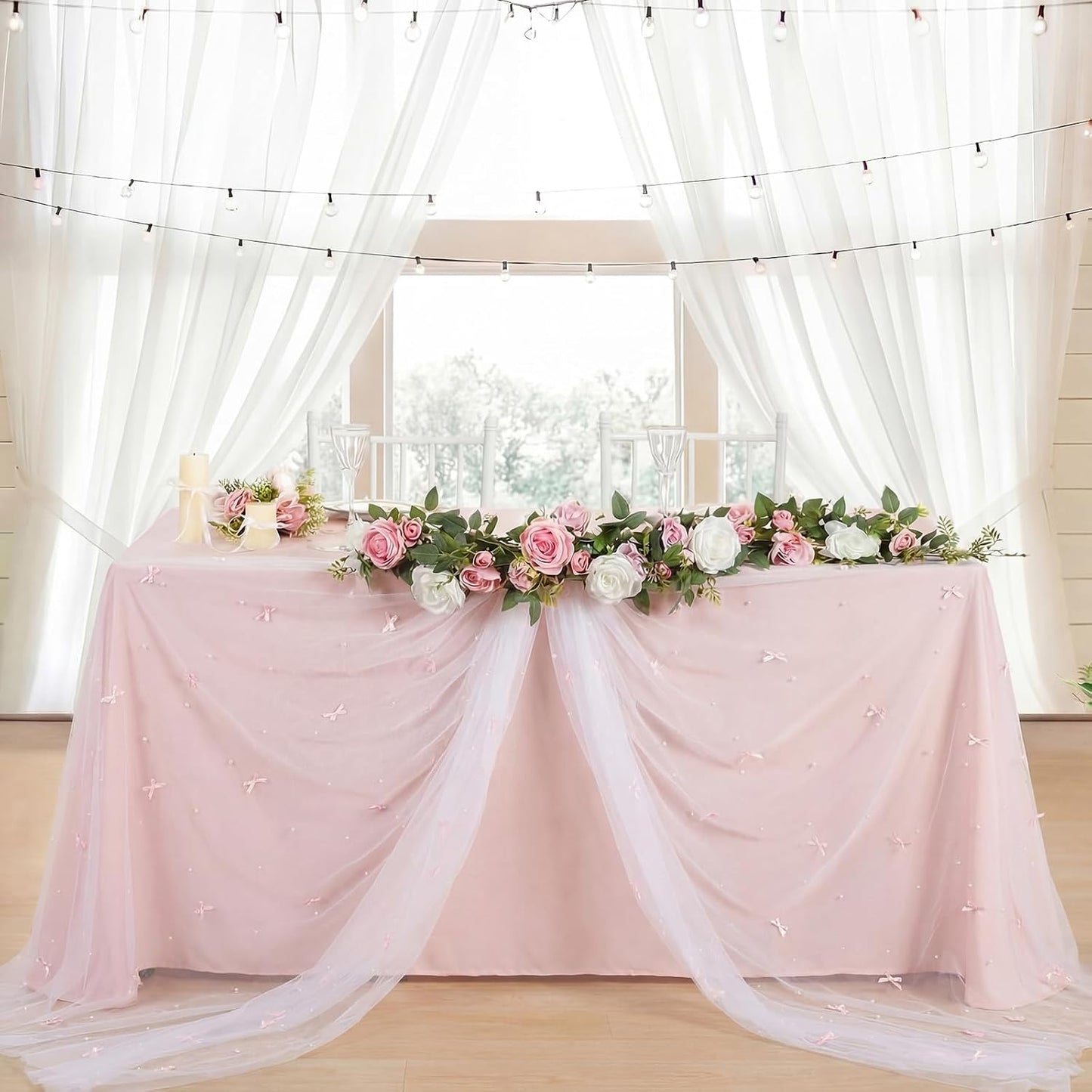 Pink Bow Pearl Table Cloth 30 x 120 Inch Tulle Lace Table Cloth Gauze Sheer Coquette Boho Wedding Centerpiece Decor for Baby Shower Bridal Party Wedding Arch Veil Birthday Decor