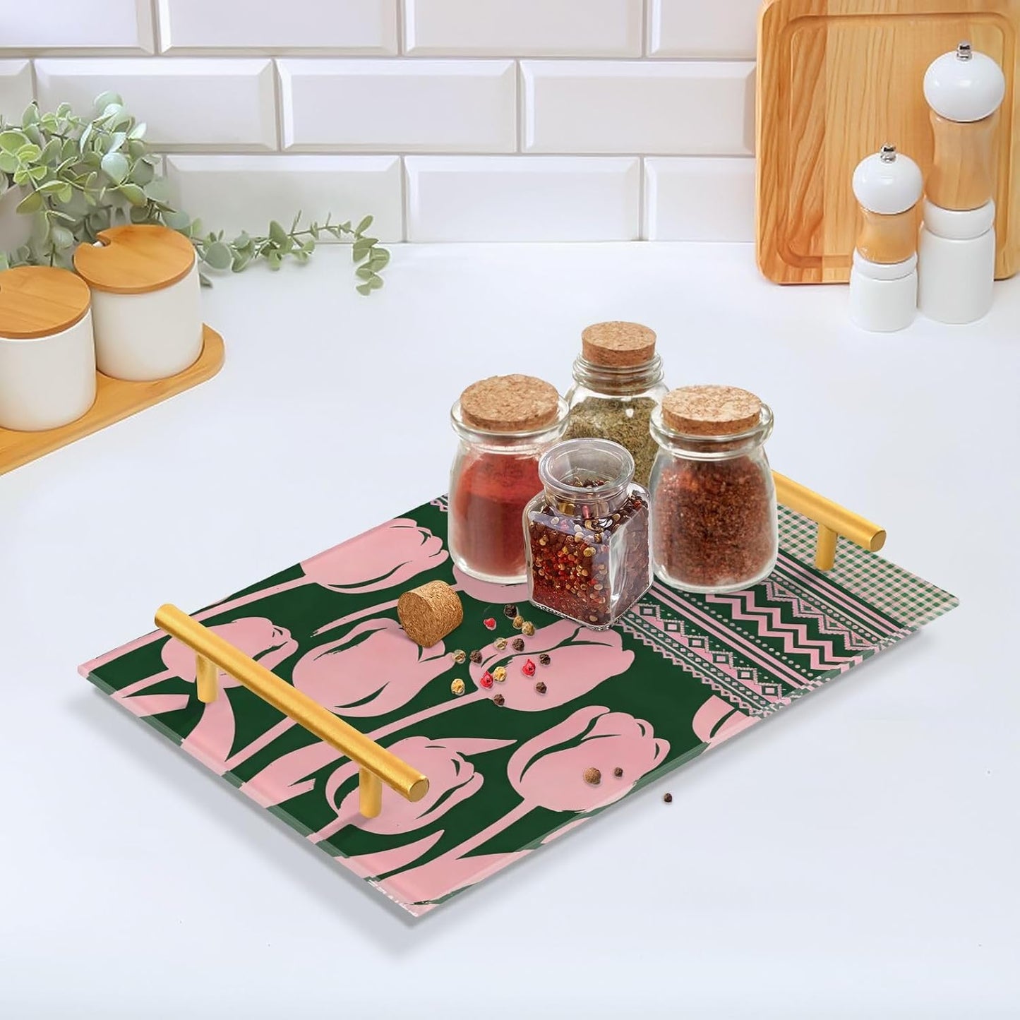 Ethnic Flowers Pastel Peach Decorative Plastic Trays with Handles Trays for Coffee Table for Jewelry Perfume for Bed Serving bandeja para servir con asas
