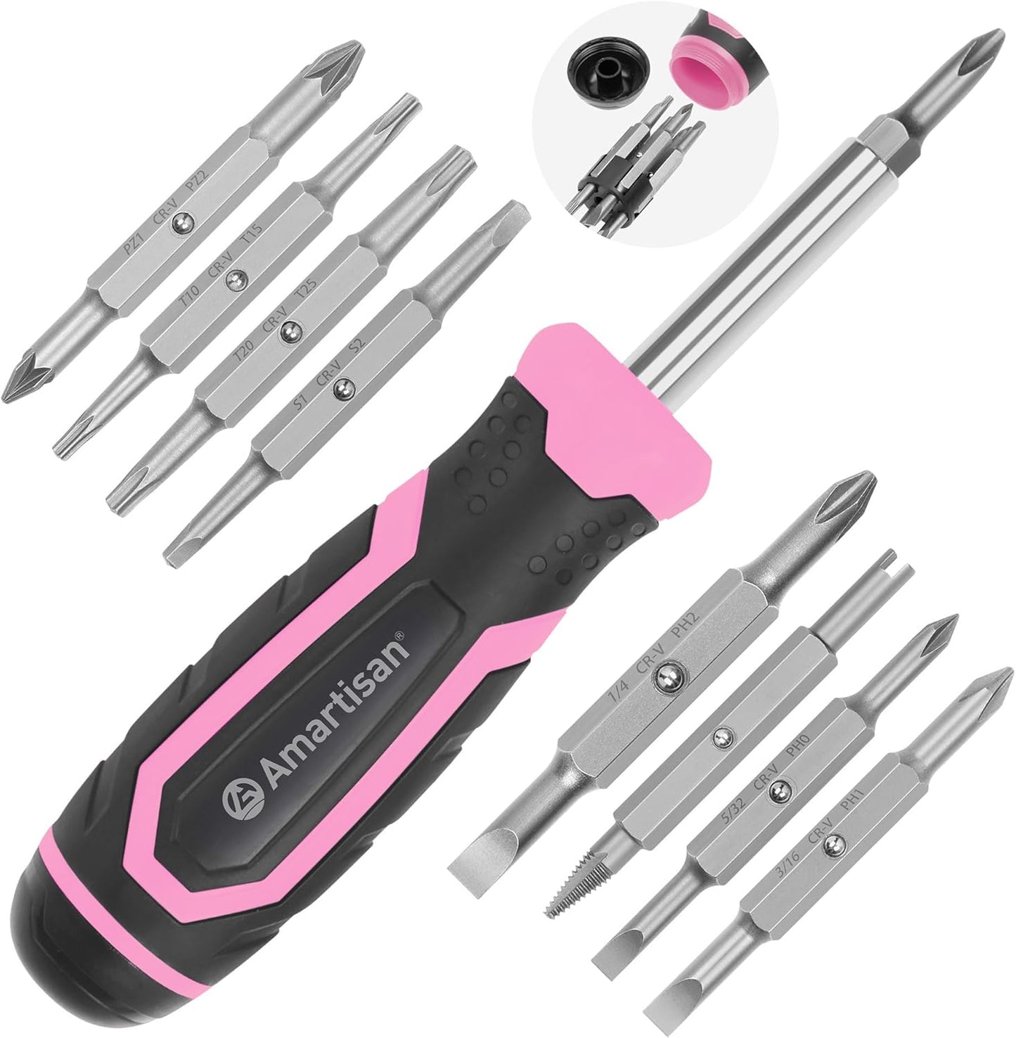 Amartisan 18-in-1 Multi-bit Screwdriver Set Tool All in One, Portable Multi-Purpose Screwdriver, Slotted/Philips/Pozi/Torx/Square,Nut Driver (Pink)