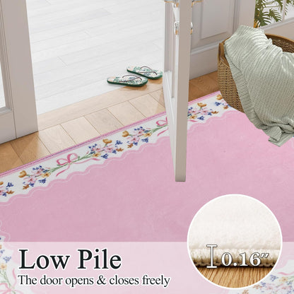 SHIYUE Boho Floral Bathroom Rugs, Ultra Soft Microfiber Water Absorption Non Slip Mat for Shower Bedroom Farmhouse Entryway Deco(18" x 47" Pink Bow)