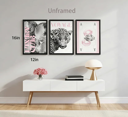 3PCS Pink Fashion Leopard Print Wall Art,Pink Black White Trendy Girly Canvas Posters,Aesthetic Pink Lip Print & Disco Ball Wall Decor for Teenage Girls' Bedrooms,University Dormitories,Apartment,Living Rooms and Dressing Rooms 12x16in Unframed