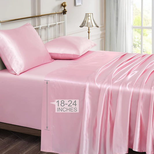 Vonty Satin Sheets Extra Deep Pocket California King Sheet Set - Cooling & Silky Satin Cal King Sheet with 18-24 Inch Deep Pocket, Pink Satin Bed Sheets Fit Up to 24" Deep Matress - 4 Piece