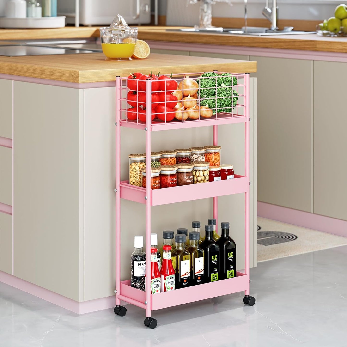KINGRACK Slim Rolling Storage Cart 3 Tier - Heavy Duty Metal Utility Cart with Raised Edge & Wheels, Narrow Small Mobile Organizer Shelves for Bathroom, Kitchen, Laundry, Office, Living Room, Pink
