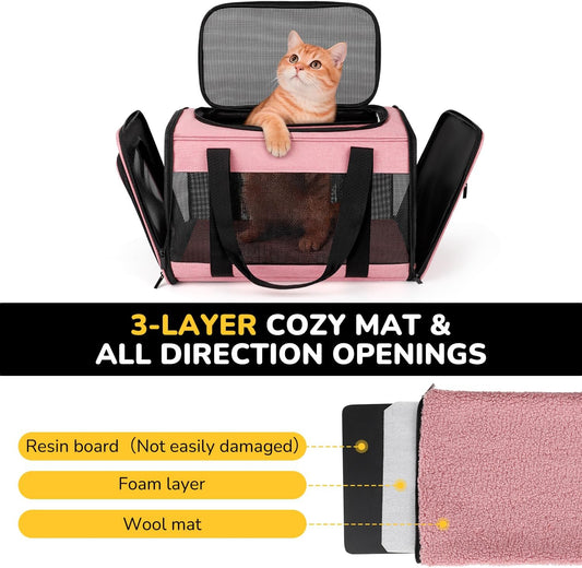 Hipubby Cat Carrier Dog Carrier for Pets Up to 16 Lbs, Soft-Sided Pet Travel Carrier for Cats and Small Dogs, Airline Approved Pet Carrying Case with Shoulder Strap & Removable Mat - Pink