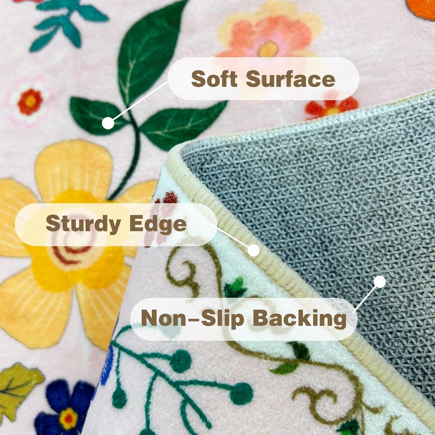 3x5 Feet Floral Area Rug Non-Slip Low Pile Soft Washable Pink Rug for Girls' Rooms, Nursery, Kids Room, Entryway – Lightweight Easy Clean Modern Decorative Carpet