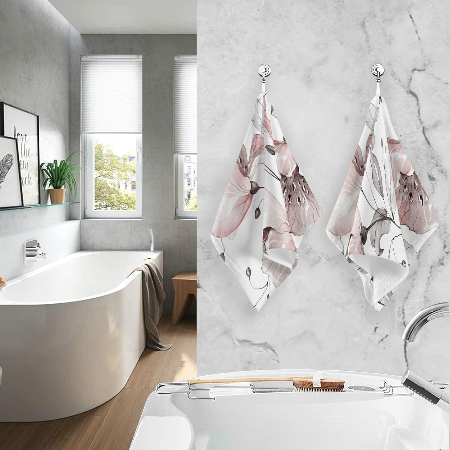ALAZA Pink Rose Flower Gray Leaves Hand Towels for Bathroom Set of 2 Soft 100 Percent Cotton Towel Luxury Decorative Bath Towels Highly Absorbent Face Towel 16" X 28"