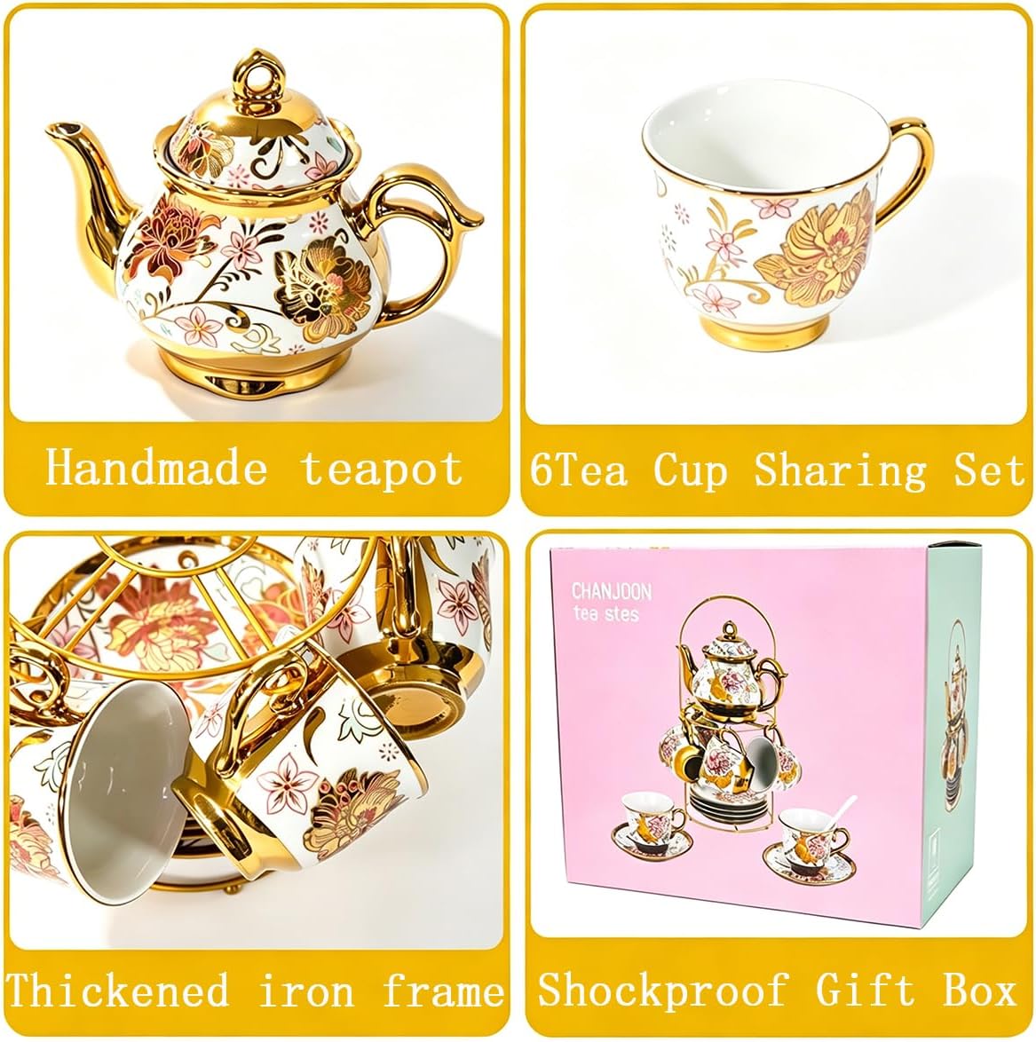 CHANJOON Gold Plated Red Rose Ceramic Tea Set, Vintage Tea Sets with Teapot, Beautiful Tea Set Coffee Serving 6 People (pink, Medium)
