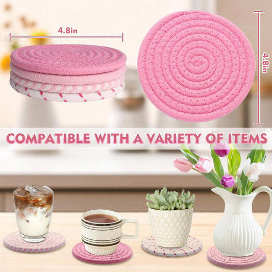4.8 Inch Drink Coasters Set of 4, Large Fabric Cotton Coasters, Cute Girly Absorbent Handmade Woven Coaster, Minimalist Boho Table and Desk Decor, Posavasos for Cups, Gift for Women (Colorful Pink)
