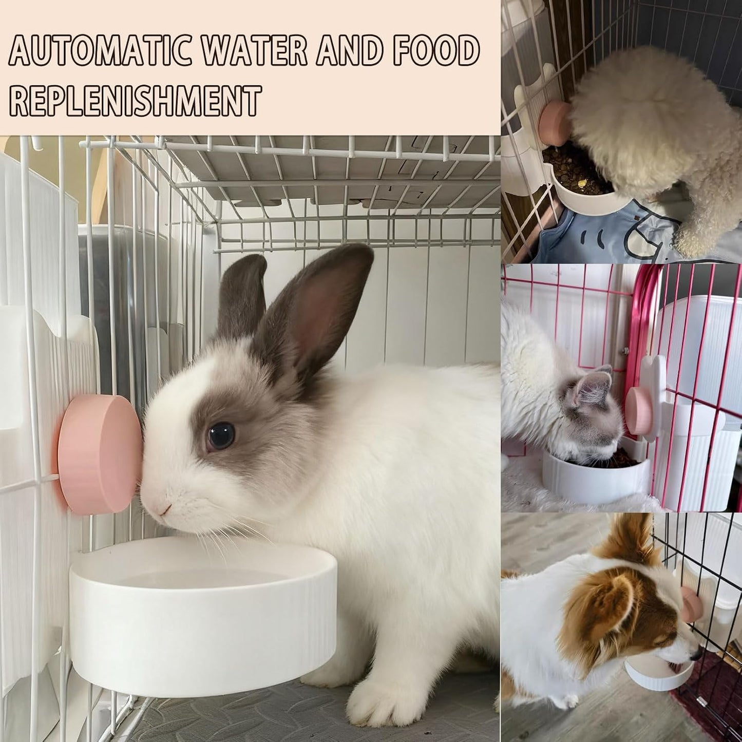 kathson Hanging Automatic Pet Food and Water Dispenser,Gravity Auto Rabbit Feeder for Cage,Guinea Pig Feeder and Waterer Set,Cat Food Bowl Dog Feeding Station for Bunny,Ferret,Chinchilla (Pink)