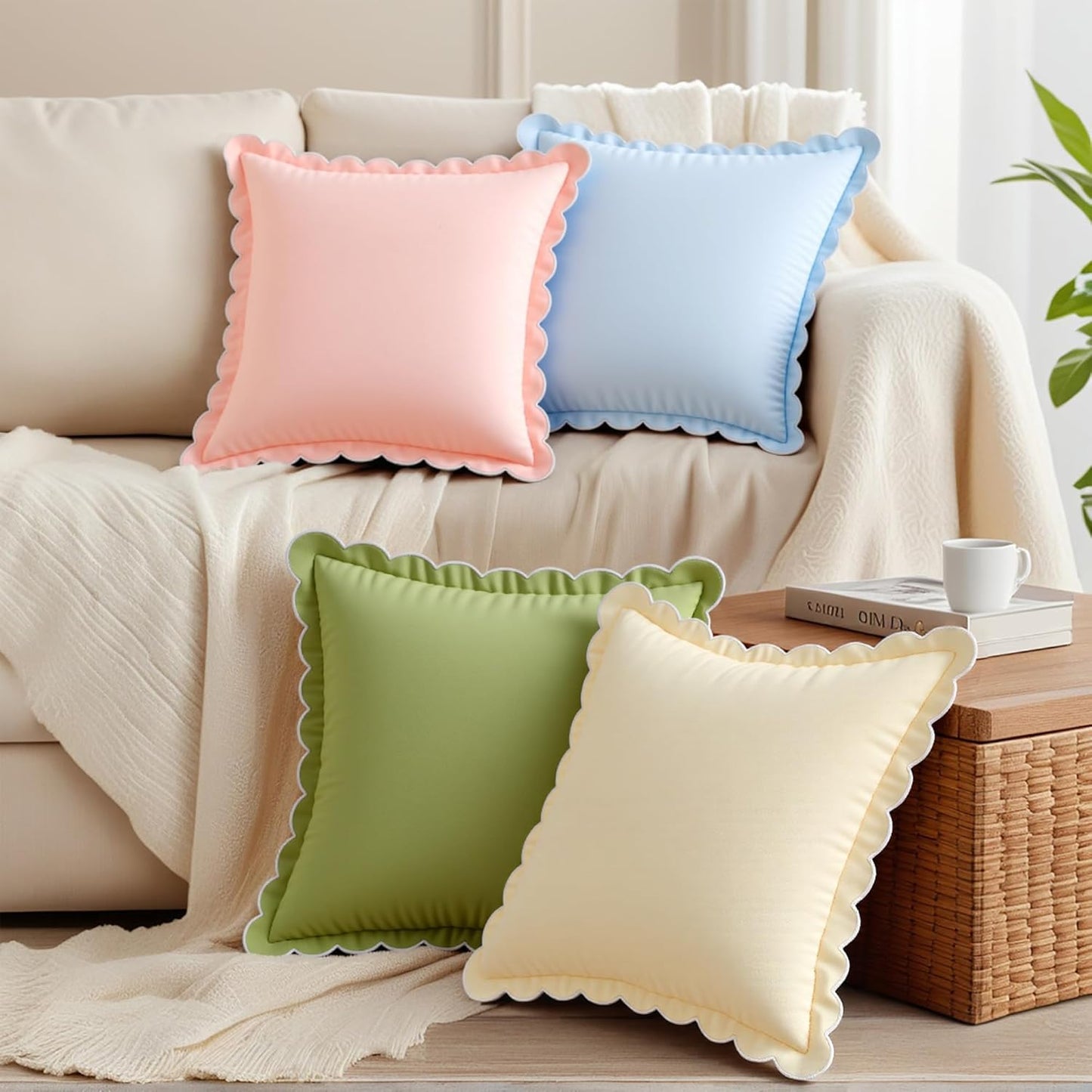 Soft Cotton Throw Pillow Covers Cushion Cases Set, Scalloped Wavy Edge Designs, Modern Home Decor 18 x 18 Inch Light Pink