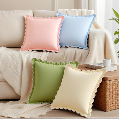 Soft Cotton Throw Pillow Covers Cushion Cases Set, Scalloped Wavy Edge Designs, Modern Home Decor 18 x 18 Inch Light Pink