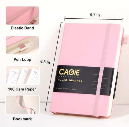 CAGIE Pink Journal Notebook for Women, 320 Pages College Ruled Notebook, 100 Gsm Paper Thick Lined Journal, A5 Hardcover Leather Journals for Writing, 5.7x8.3 In