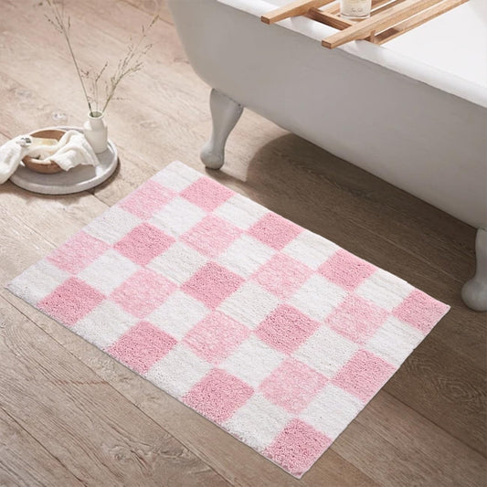 Checkered Bathroom Rugs Cute Bath Mats Non Slip Backing Shaggy Microfiber Bath Mat Water Absorbent Shower Rug Aesthetic Bathroom Rugs Funky Graphic Rug for Sink Bathtub (Pink,20" x 32")