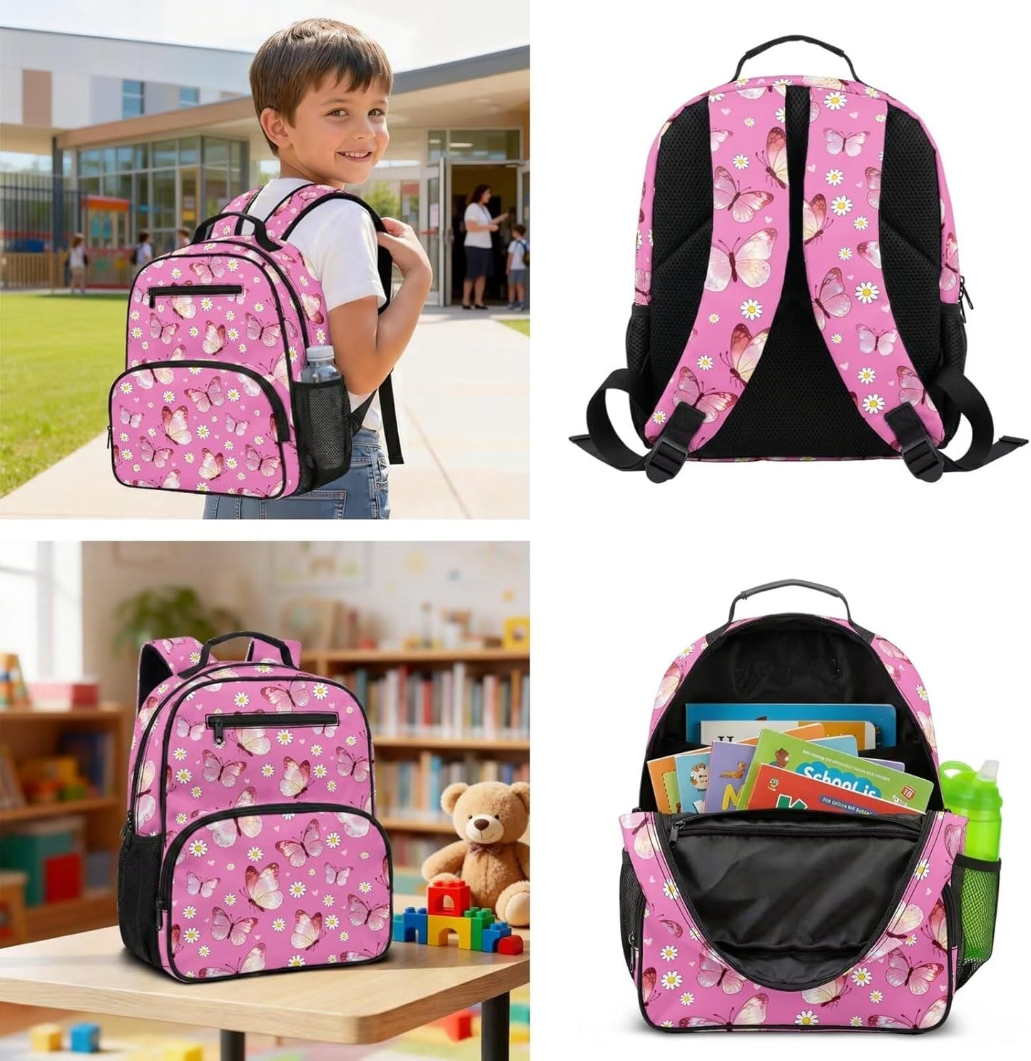 COEQINE Customized Backpack for Kids Girls School with Lunch Box Preschool Butterfly Pink Floral Girls Bookbag Ages 4-6-8-10 Kindergarten with Water Bottle Side Pocket Diaper Bag Backpack,13 In