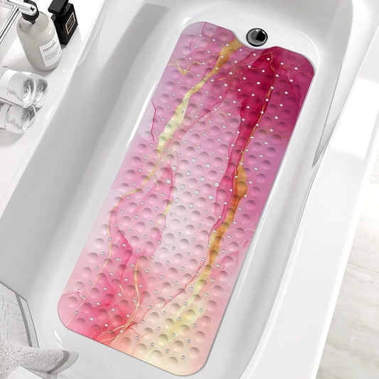 Marble Bath Tub Mat Non Slip, Pink Marble Non Slip Bath Mat for Shower, Large Washable Shower mats for Showers with Drain Holes and Suction Cups,40 X 16 Inch