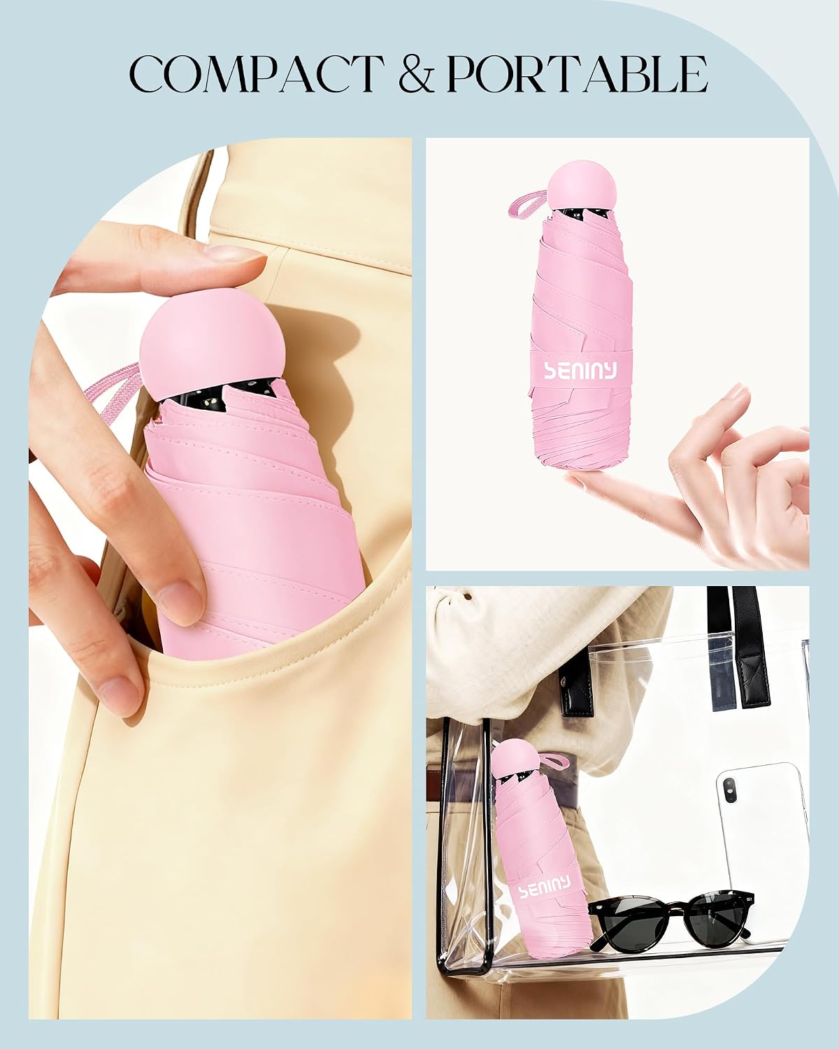 Seniny Mini Portable Travel Umbrella with Case - Compact Umbrellas for Rain & Sun UV Protection for Backpack Pocket, Lightweight Folding Small Umbrella, Tiny Purse Size UV Blocker for Kids Women Girls