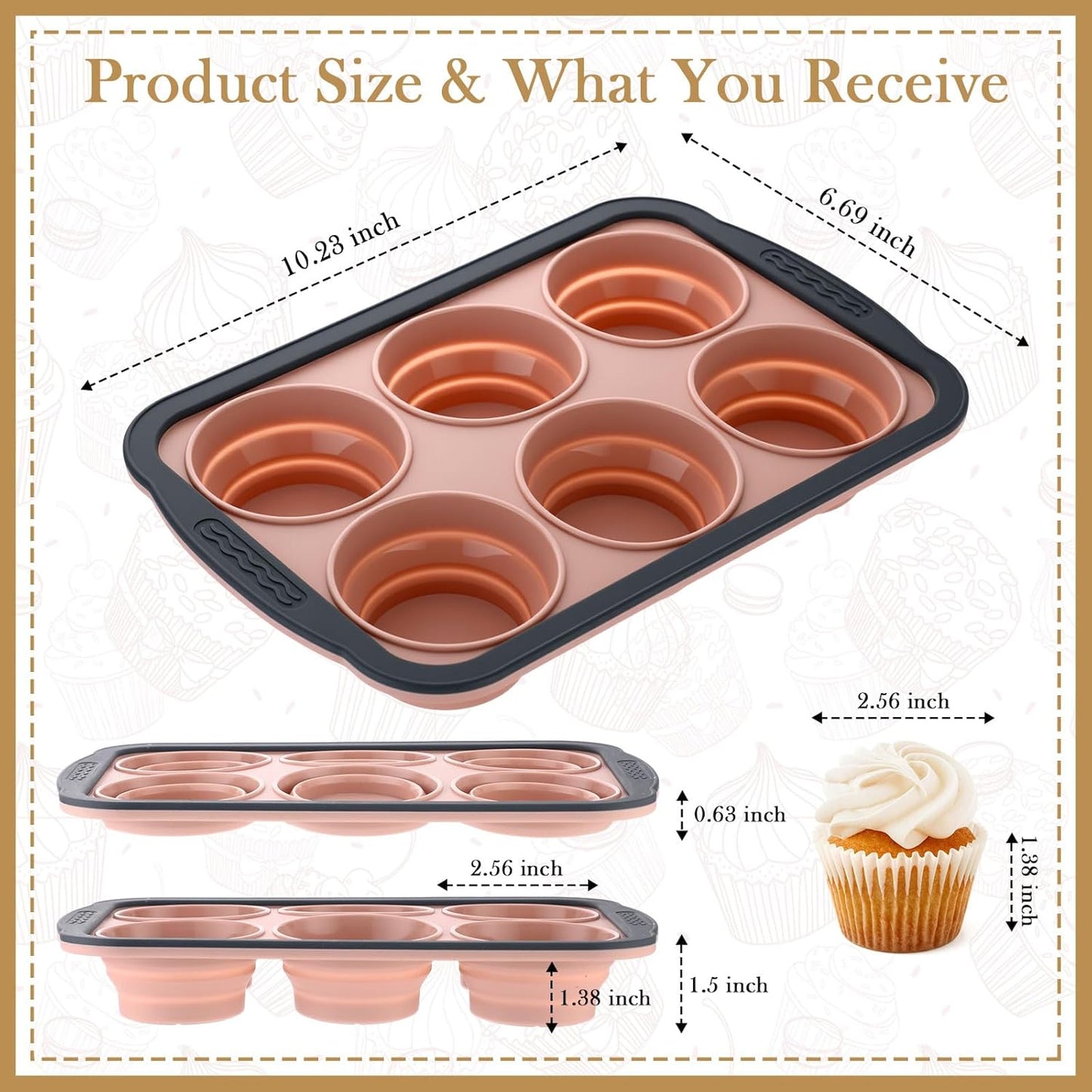 2 Pack Silicone Muffin Pan for Baking with Metal Frame, Collapsible 6 Cup Cupcake Baking Tray, Nonstick Silicone Muffin Tins for Oven, Dishwasher Safe Foldable Cupcake Molds (Pink)