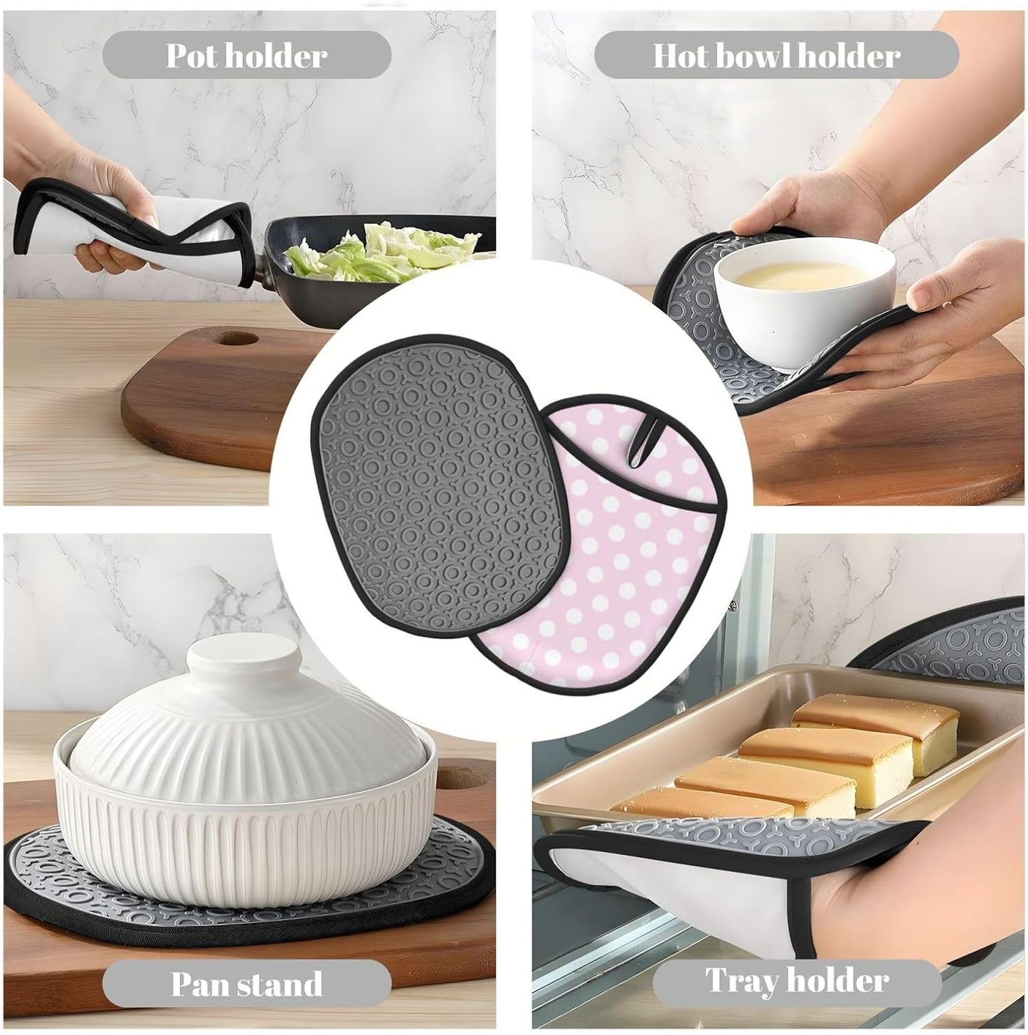 Pot Holders for Kitchen - Non Slip Silicone Oven Mitts Hot Pads, Heat Resistant Pot Holders, Light Pink Polka Dot Print A Hanging Loop Potholders for Baking Kitchen with Pocket