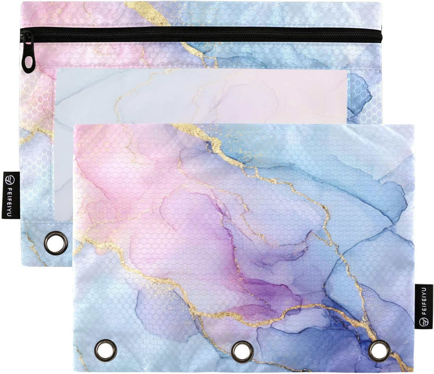 SHJI Binder Pouches,Pink Blue Marble Pencil Pouch for 3 Ring Binder 2 Pack Clear Pencil Bag with Zipper for Office School Supplies
