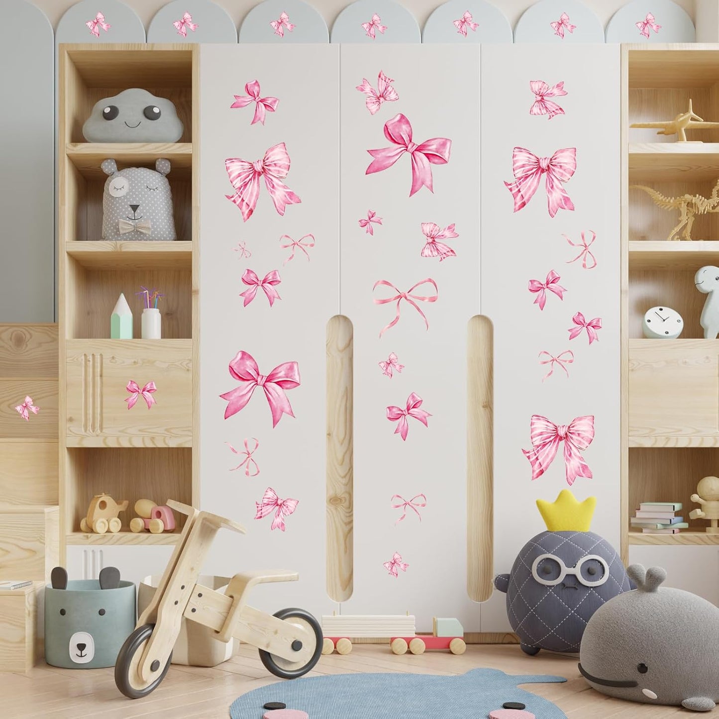 WallWhim Pink Bow Stickers for Kids Room, Bow Wall Decor Stickers for Teens Girls, 13 Sheets 72 Pcs UV PVC DIY Removable Stickers for Nursery, Bedroom, Classroom Decor