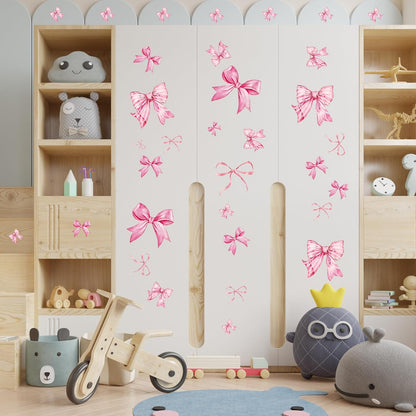 WallWhim Pink Bow Stickers for Kids Room, Bow Wall Decor Stickers for Teens Girls, 13 Sheets 72 Pcs UV PVC DIY Removable Stickers for Nursery, Bedroom, Classroom Decor