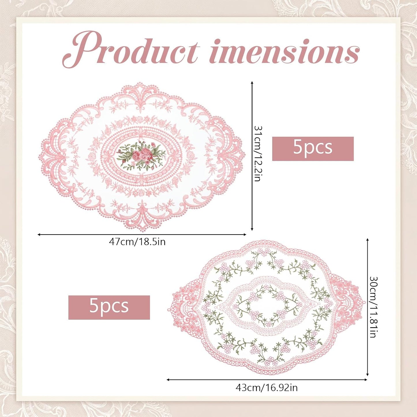 10 Pcs Pink Retro Lace Placemats French Style Retro Placemats Oval Embroidered Table Place Mats Pink Oval Place Mats Cup Mat, French Crochet Doilies for Wedding Home Decor, 12'' x 16''