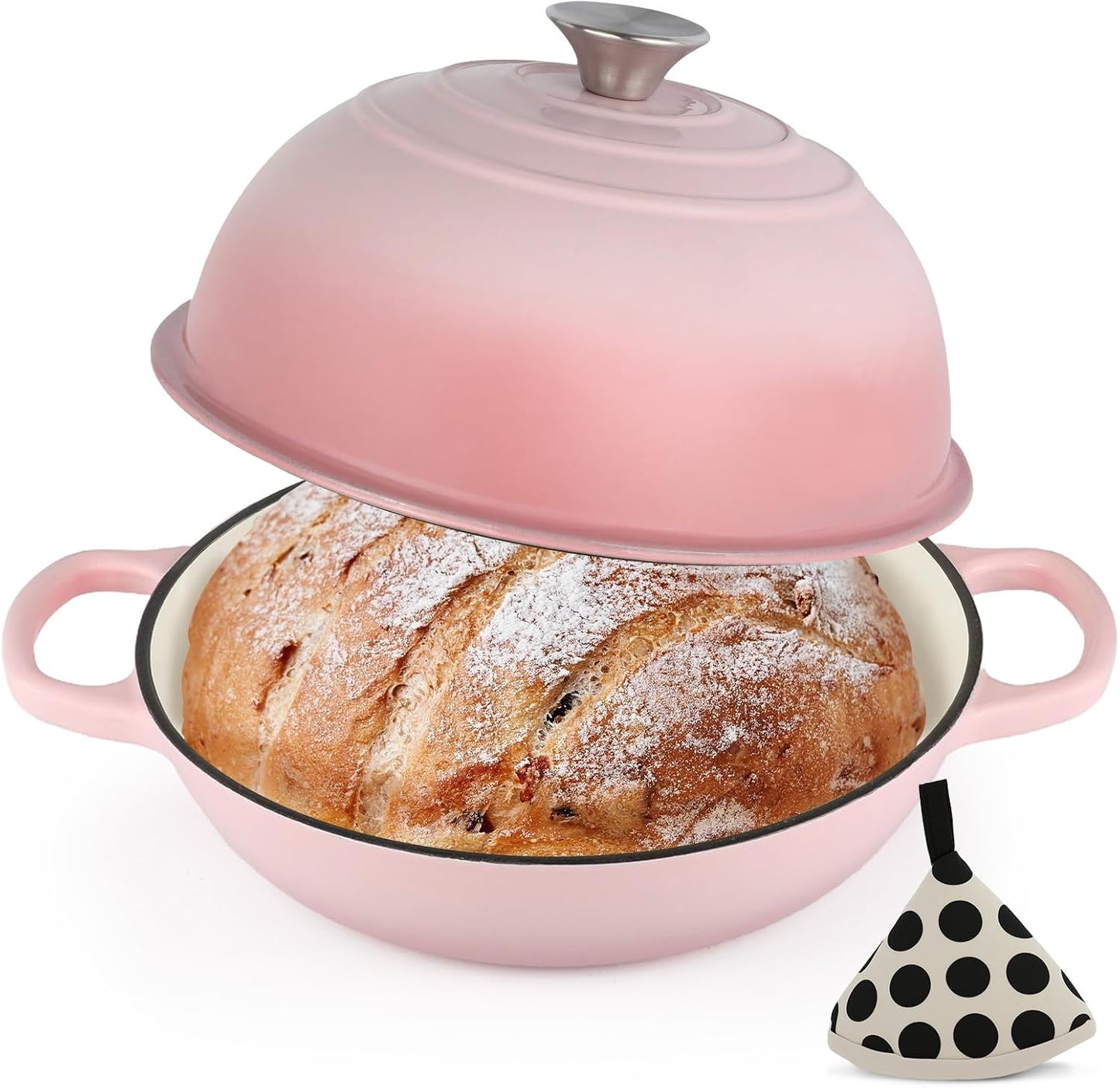 Enameled Cast Iron Bread Oven, Dutch Oven Pot with Lid & Cotton Potholder, 10" Bread Dutch Oven for Bread Baking, 6 Quarts Bread Pan with Dome Lid, Non-stick Cookware for Homemade Bread, Pink