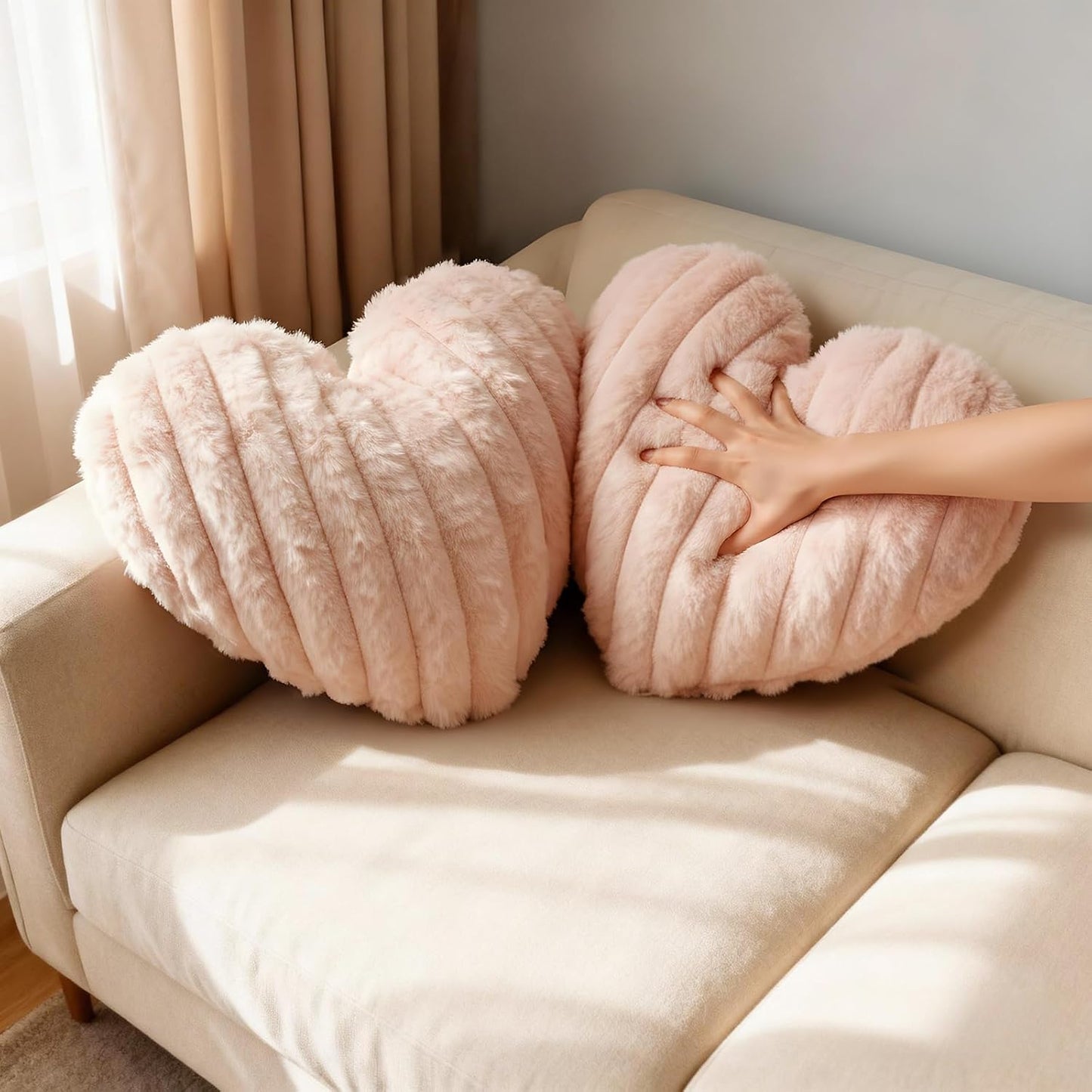 2PCS Pink Heart Throw Pillows, 16 Inch Soft Fuzzy Faux Fur Heart-Shaped Pillows, Cute Decorative Cushions for Couch, Chair, Bed & Bedroom Decor (Pink, 16 * 14)